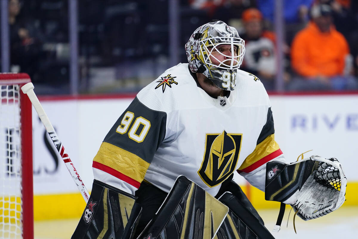 Vegas Golden Knights' Robin Lehner plays during an NHL hockey game, Tuesday, March 8, 2022, in ...
