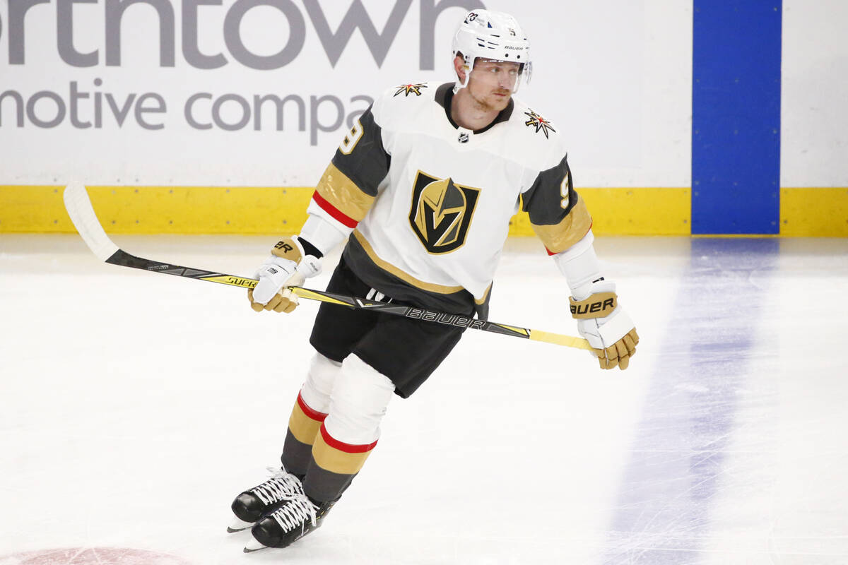 Vegas Golden Knights center Jack Eichel (9) skates prior an NHL hockey game against the Buffalo ...