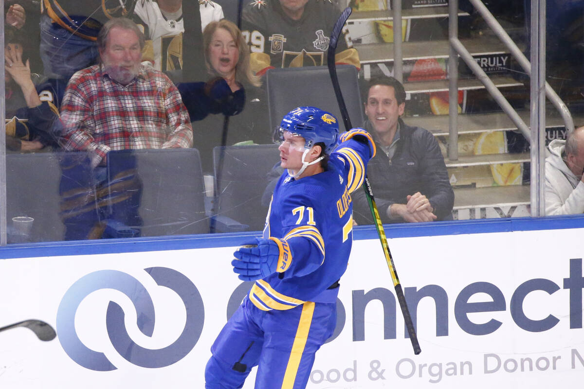Buffalo Sabres left wing Jeff Skinner (53) celebrates after his goal during the third period of ...