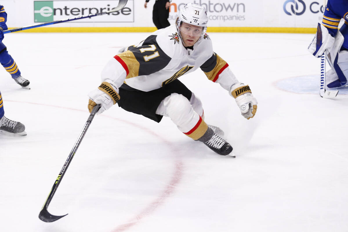 Vegas Golden Knights center William Karlsson (71) chases the puck into the corner during the fi ...