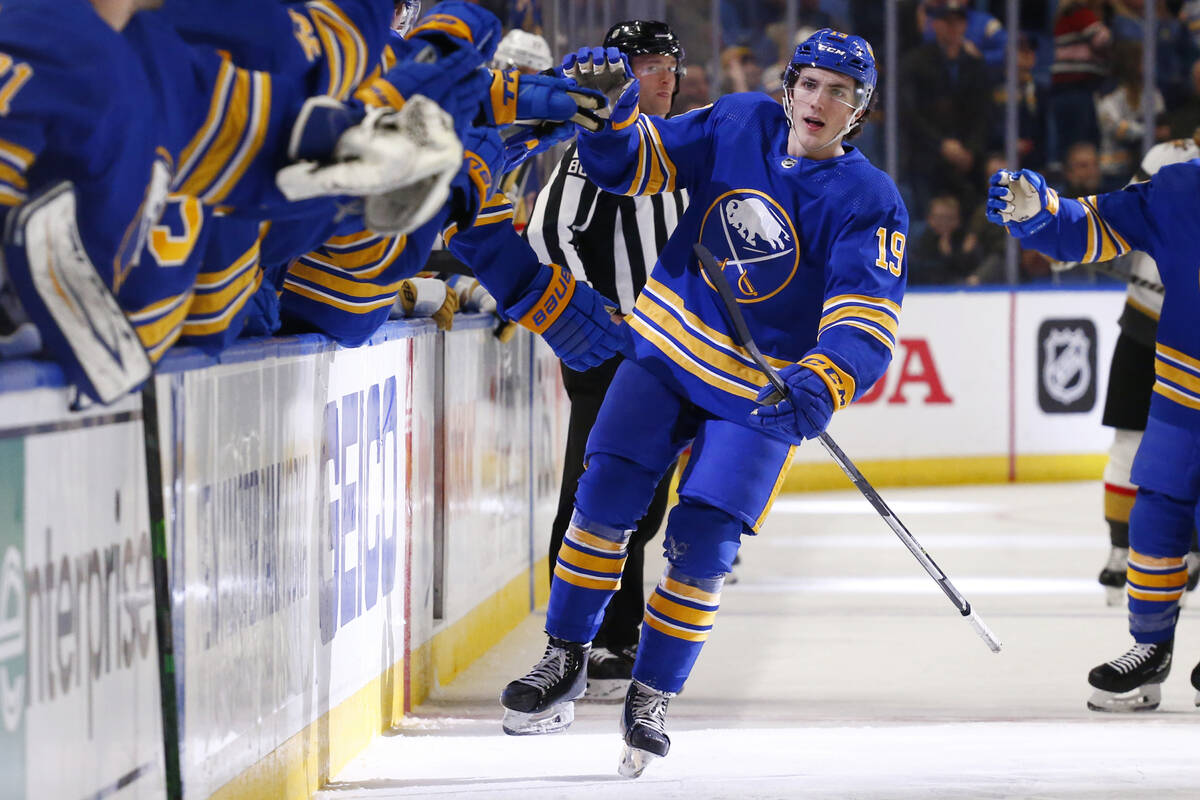 Buffalo Sabres center Peyton Krebs (19) celebrates after his goal during the first period of an ...