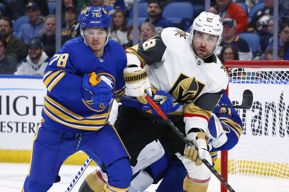 Buffalo Sabres defenseman Jacob Bryson (78) and Vegas Golden Knights left wing William Carrier ...