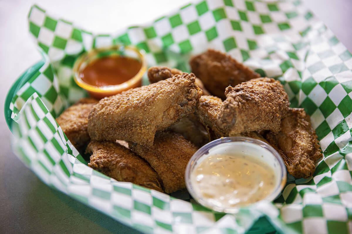 Brined chicken wings at Sticks Tavern on Wednesday, March 9, 2022, in Henderson. (Benjamin Hage ...