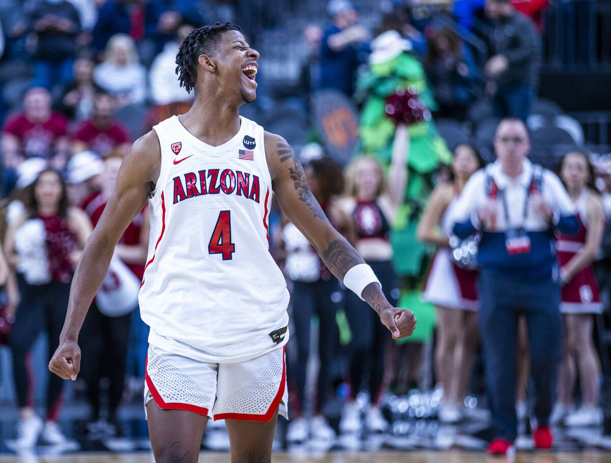 Arizona Wildcats guard Dalen Terry (4) celebrates their win over the Stanford Cardinals followi ...