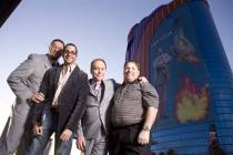 Penn & Teller are shown with manager Glenn Alai, left, and iconic entertainment exec Joel Fisch ...