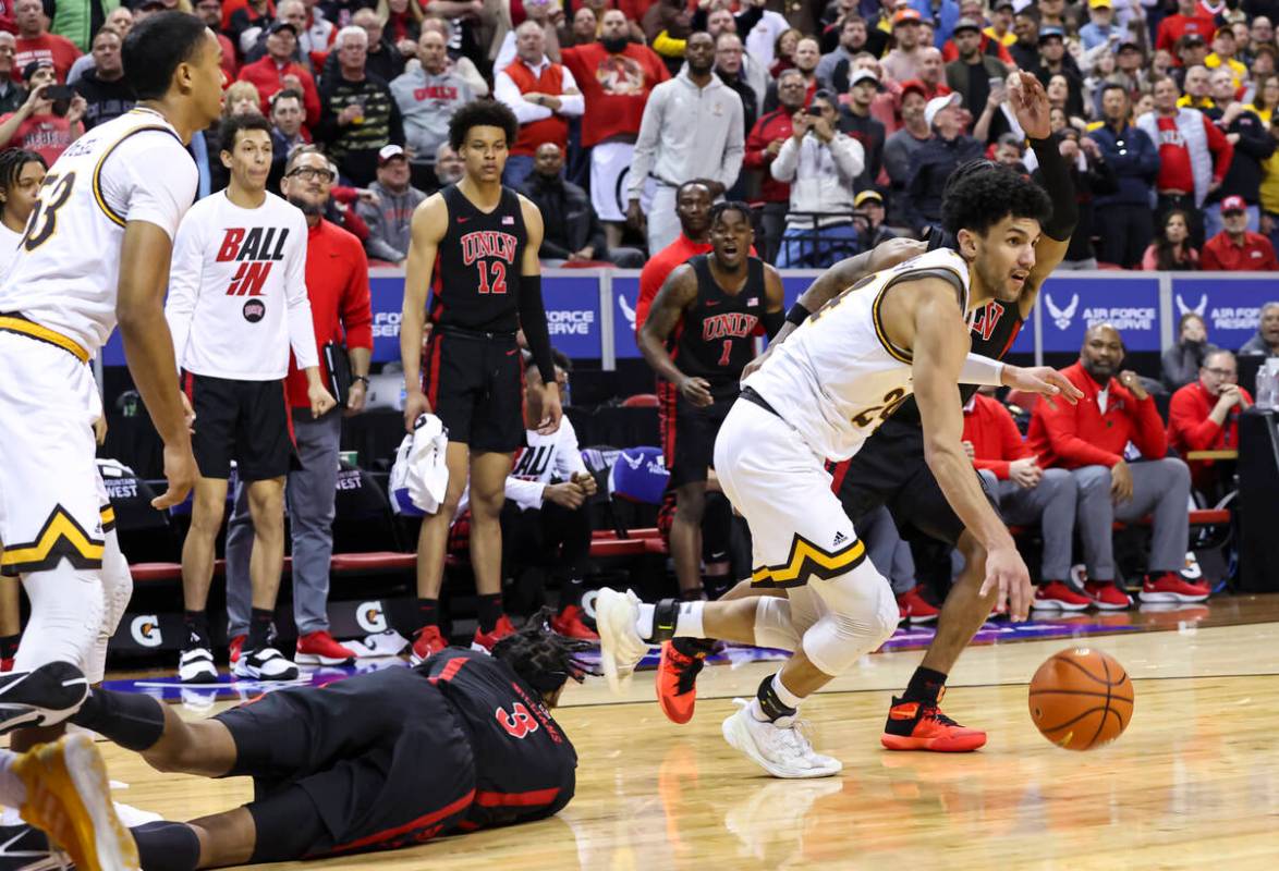 Wyoming Cowboys guard Hunter Maldonado (24) grabs a rebound against the UNLV Rebels in the fina ...