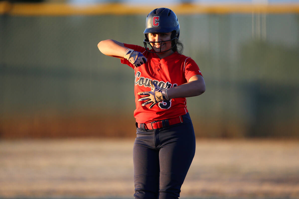 Coronado’s Ashley Zavala (3) reacts after getting a hit against Liberty at Coronado High ...