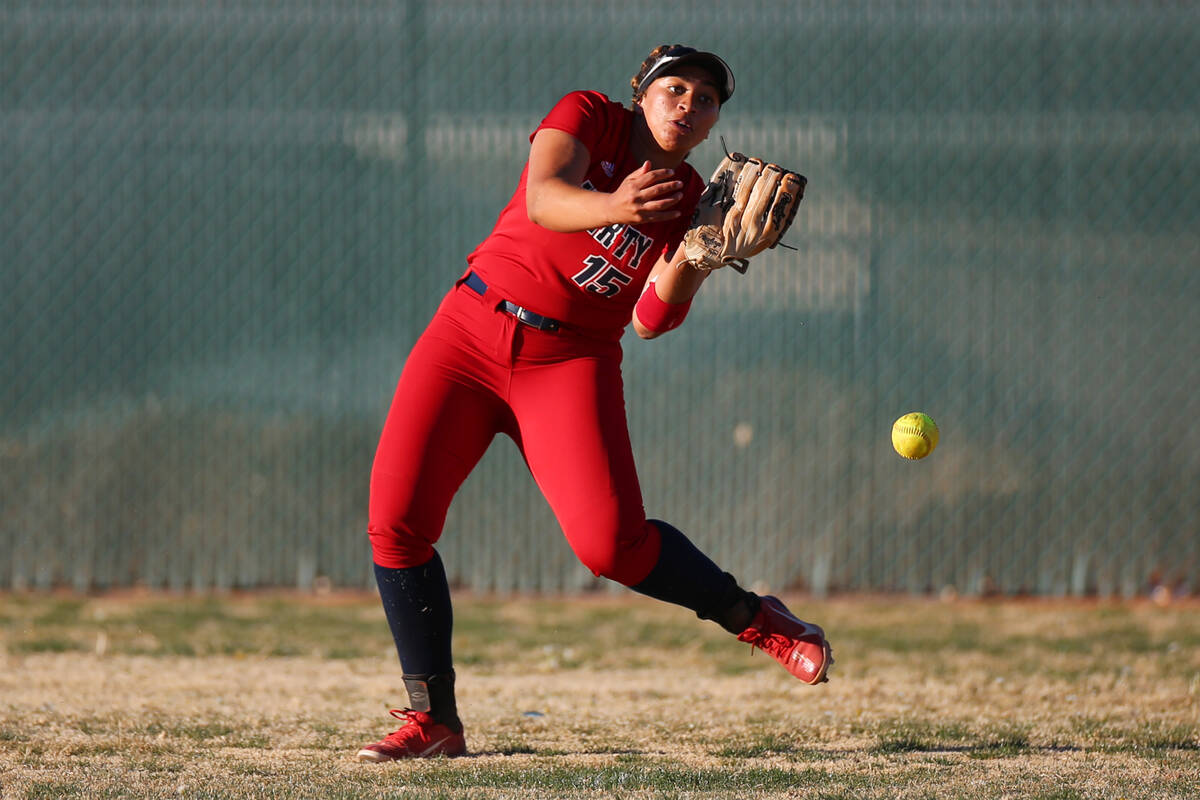 Liberty’s Justine Dunaway (15) misses the ball during a softball game against Coronado a ...
