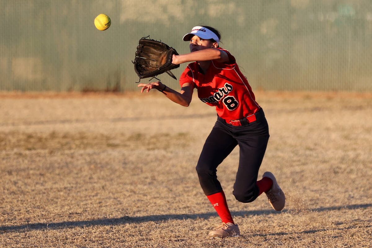 Coronado’s Faith Turner (8) makes a catch in the outfield for an out against Liberty dur ...