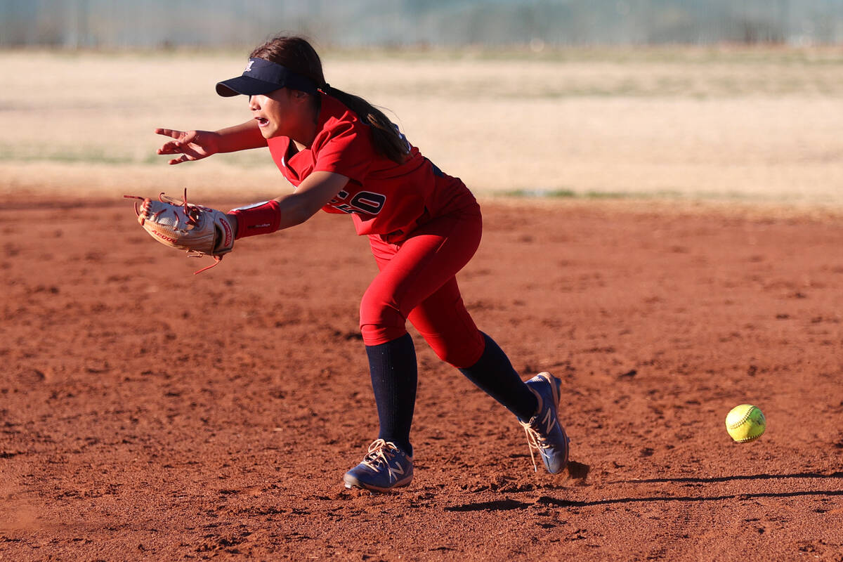 Liberty’s Jaydah Chun (50) misses the ball for a Coronado hit during a softball game at ...
