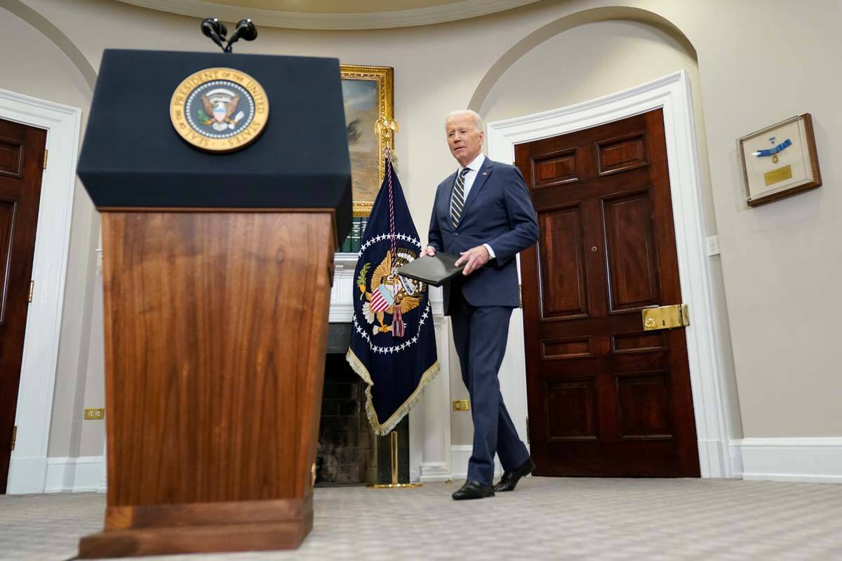 President Joe Biden arrives to announce that along with the European Union and the G7, the US w ...
