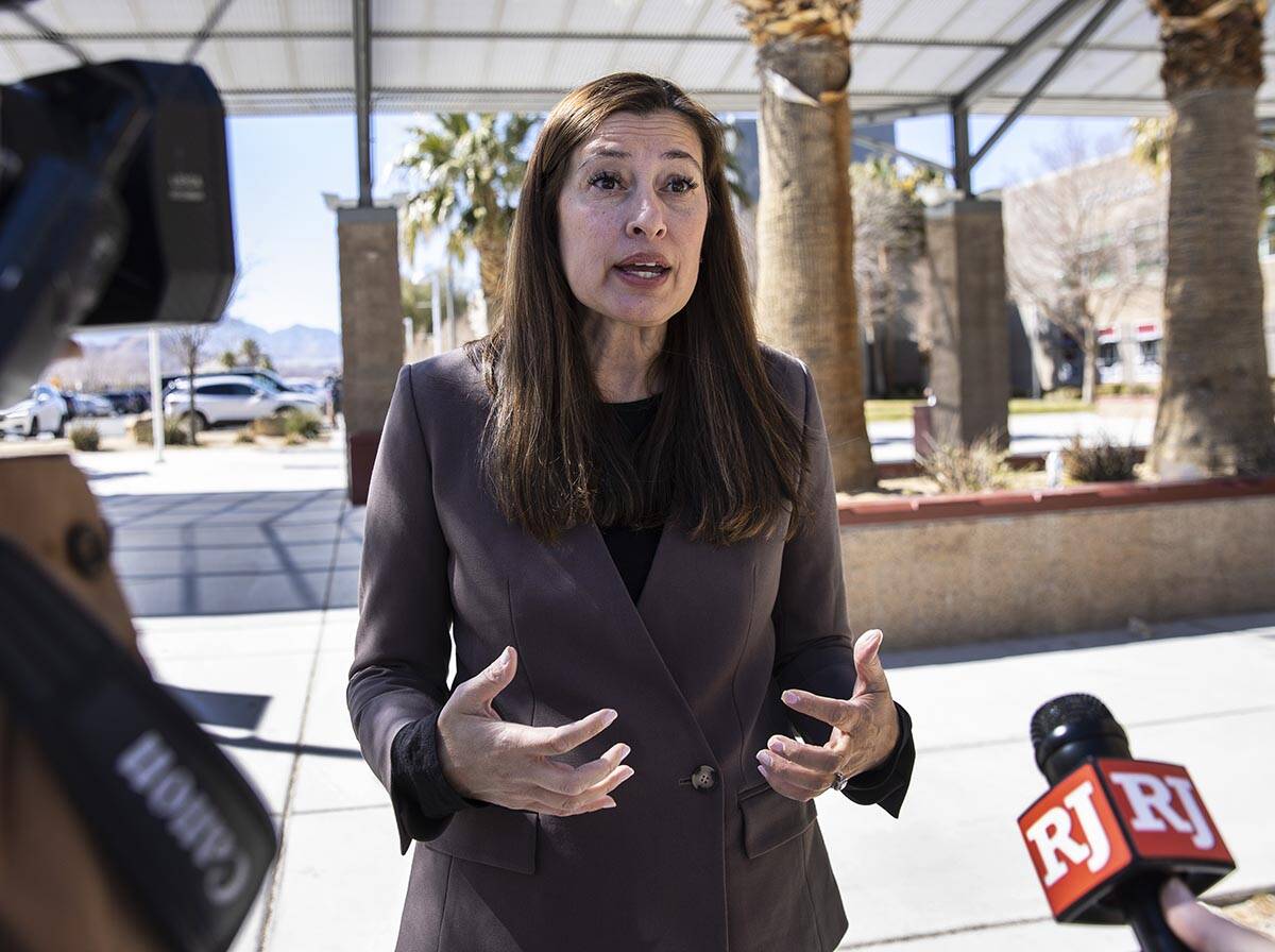 Lt. Gov. Lisa Cano Burkhead speaks outside Desert Oasis High School on Friday, March 11, 2022, ...