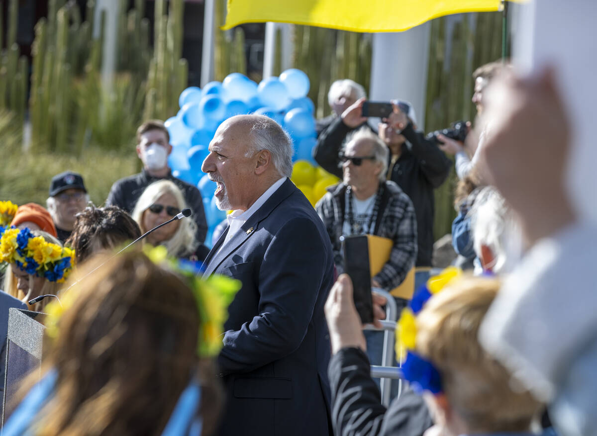 Mayor Pro Tem Stavros Anthony speaks during a Rally for Ukraine at City Hall on Saturday, March ...