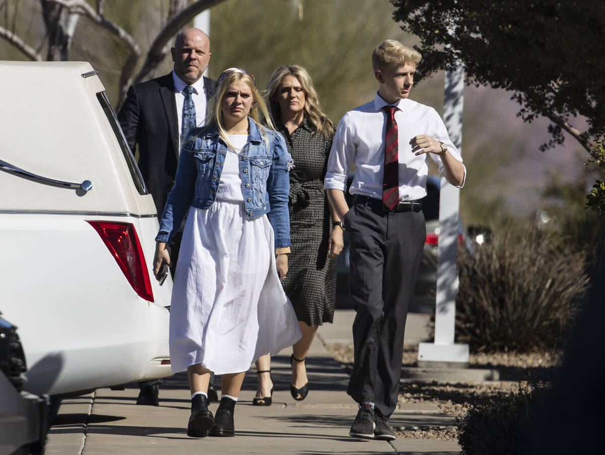 Mourners arrive at Church of Jesus Christ of Latter-day Saints to attend Rex Patchett’s, 13, ...