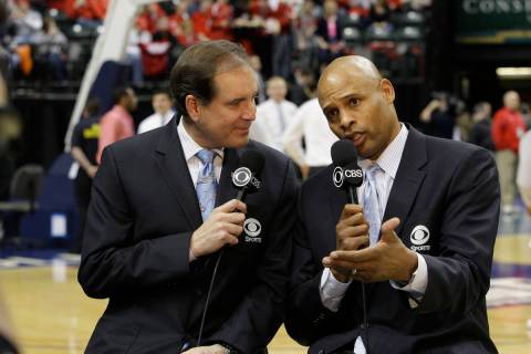 CBS Sports announcer Jim Nantz, left, and Clark Kellogg are seen at an NCAA college basketball ...