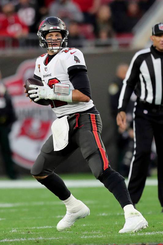 Tampa Bay Buccaneers quarterback Tom Brady (12) drops back to pass during a NFL divisional play ...