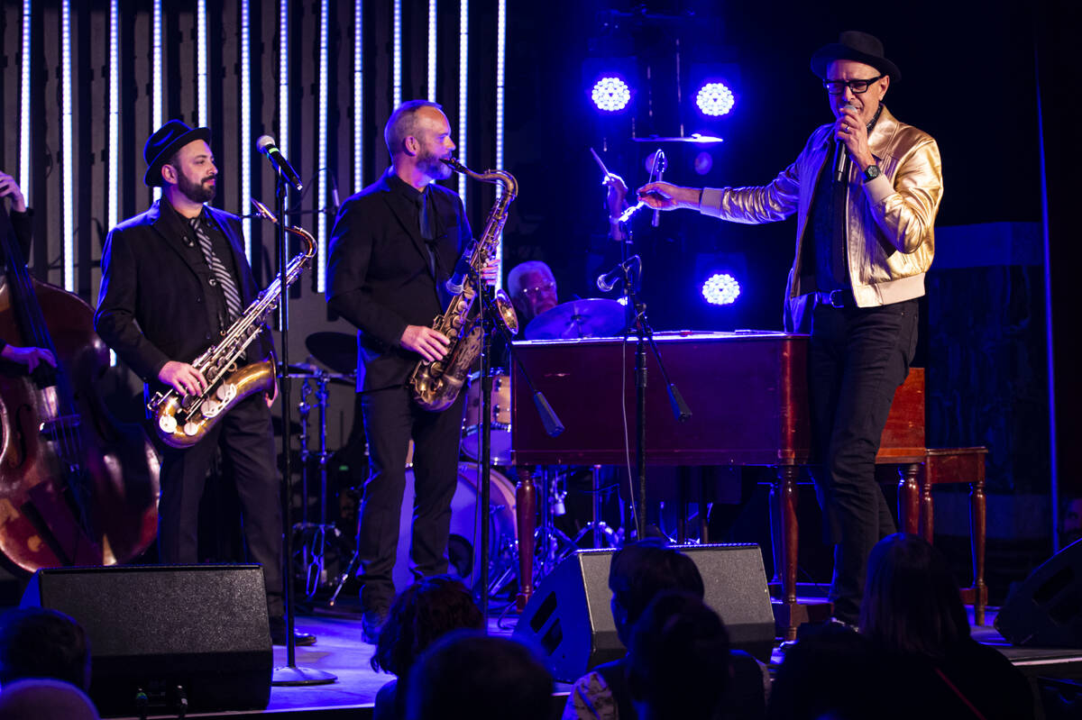 Jeff Goldblum, right, and his Mildred Snitzer Orchestra perform at 24 Oxford at Virgin Hotels L ...