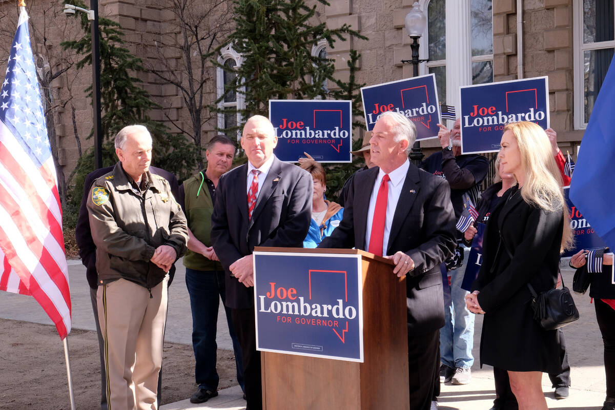 Clark County Sheriff Joe Lombardo, a Republican, speaks to supporters and the media outside the ...