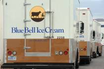 Blue Bell Ice Cream delivery trucks are lined up to pick up product at the Blue Bell transfer s ...