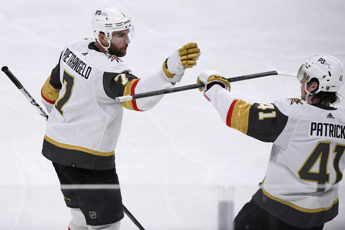 Vegas Golden Knights' Alex Pietrangelo (7) celebrates his goal against the Winnipeg Jets with N ...