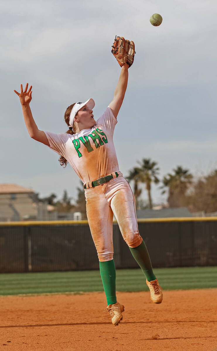 Palo Verde’s Paige Brandes (12) leaps to make a catch during a girls high school softbal ...