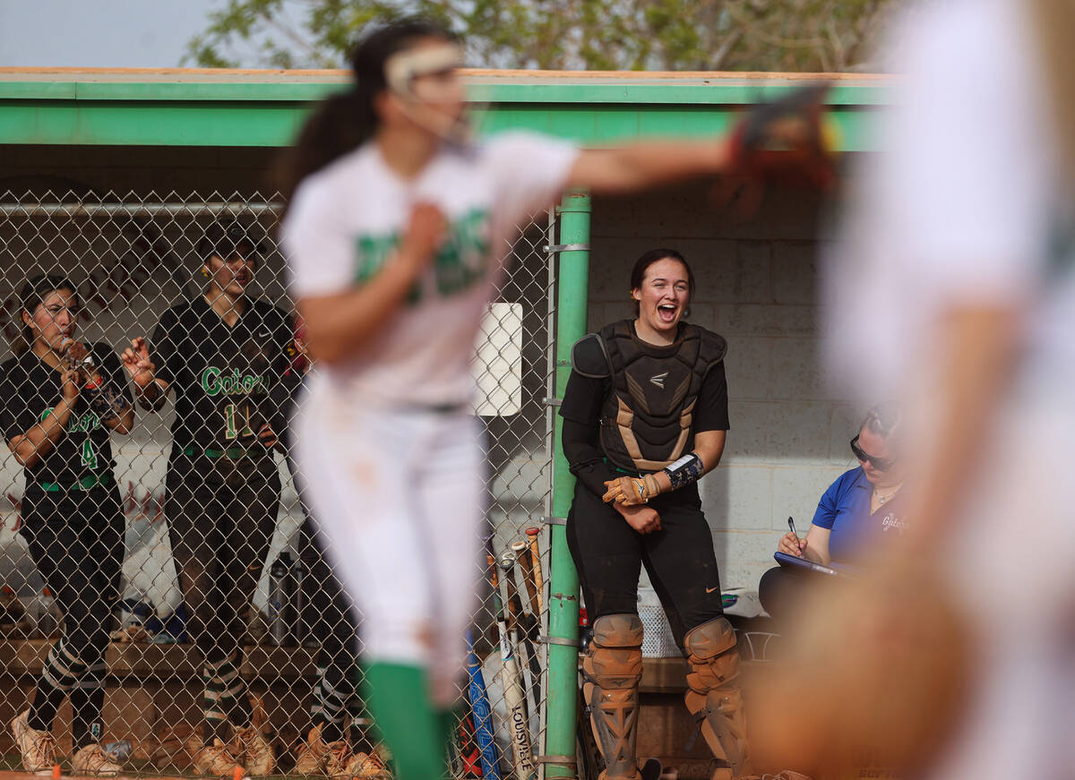Green Valley’s Angelina Ortega (6) cheers on her team during a girls high school softbal ...