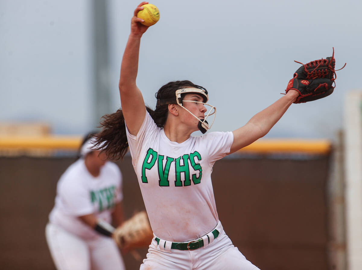 Palo Verde’s Olivia Perkins (24) pitches during a girls high school softball game agains ...
