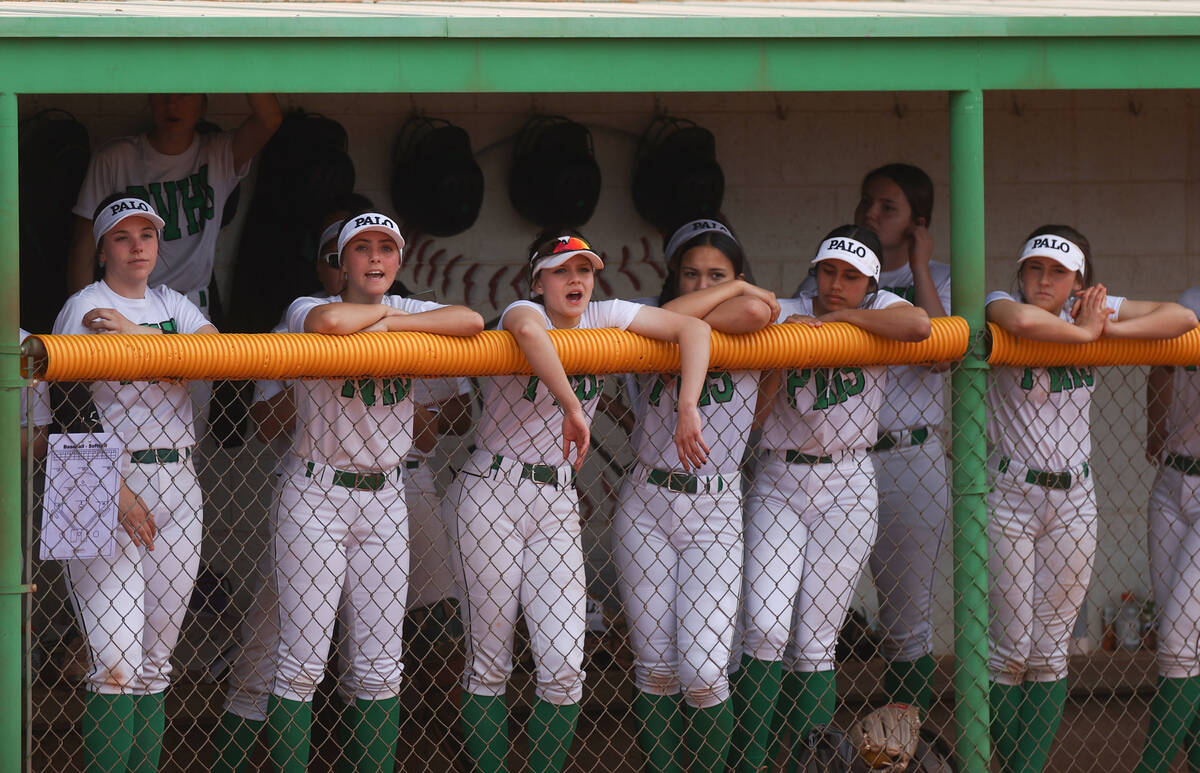 Palo Verde players cheer for their teammates during a girls high school softball game against G ...