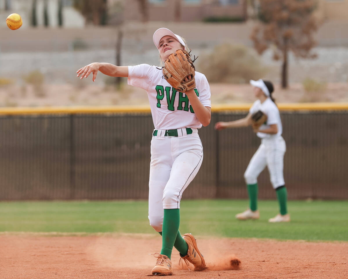 Palo Verde’s Camryn Hunkins (2) warms up during a girls high school softball game agains ...
