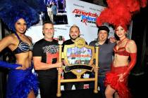 Gary Laurent, Alfredo Silva and John Stotts are flanked by showgirls Ashton Bray (left) and Reb ...
