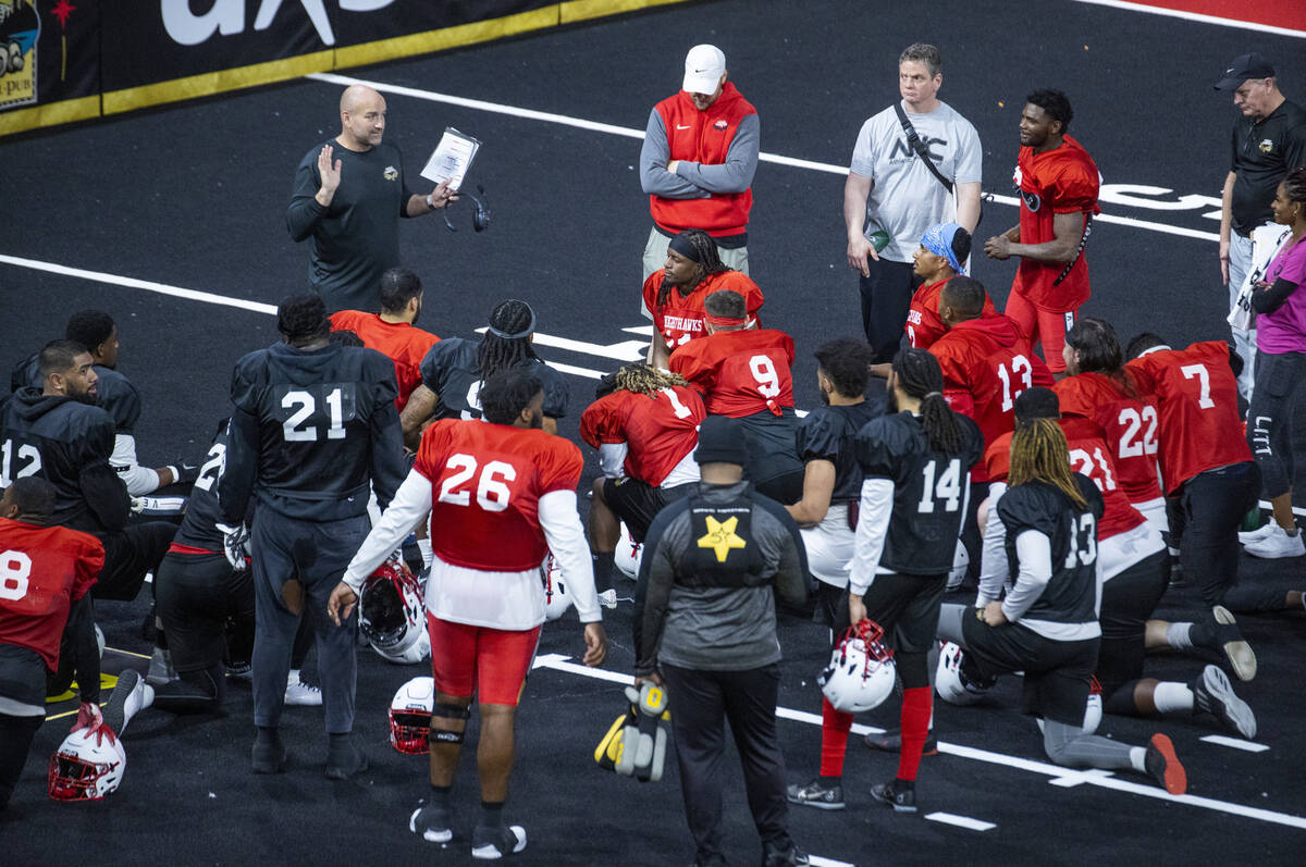 Knight Hawks General Manager/Head Coach Mike Davis talks during open practice at the Dollar Loa ...