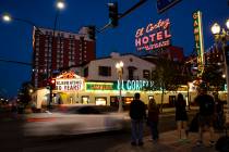 Traffic passes by the El Cortez on Fremont Street in downtown Las Vegas on Thursday, Nov. 4, 20 ...