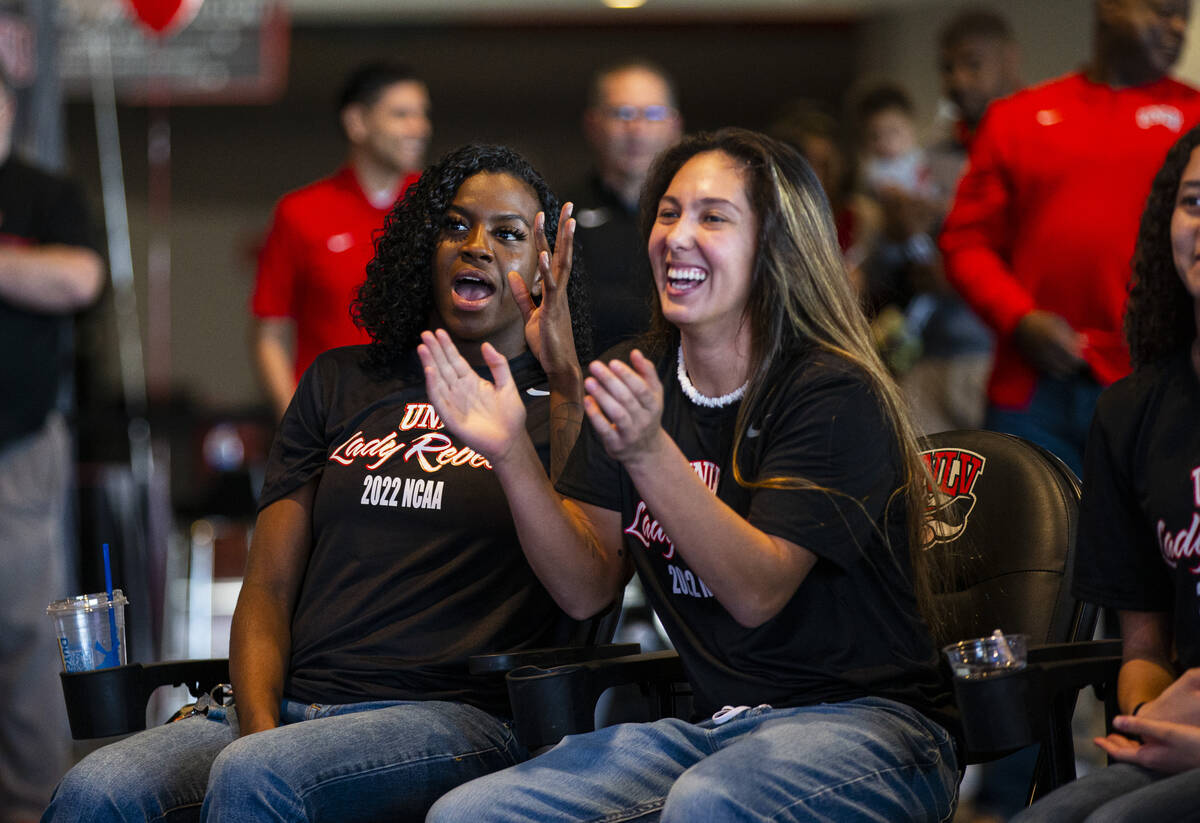 The UNLV Lady Rebels, including center Desi-Rae Young, left, and guard Alyssa Durazo-Frescas, r ...