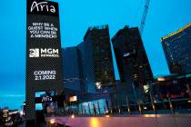 A marquee advertising MGM Reward Points outside Aria on the Strip on Monday, Jan. 31, 2022, in ...