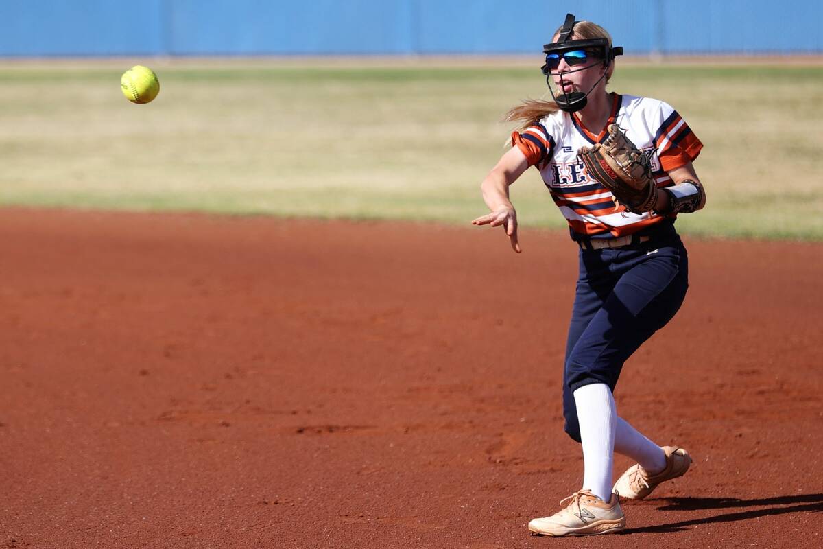 Legacy’s Brytnee Caldwell (4) throws to first base for an out against Bishop Gorman during a ...
