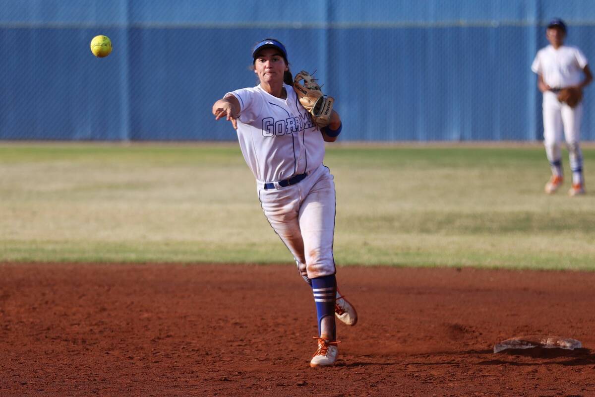 Bishop Gorman’s Brooke Ventrelle (23) throws to first base for an out against Legacy during a ...