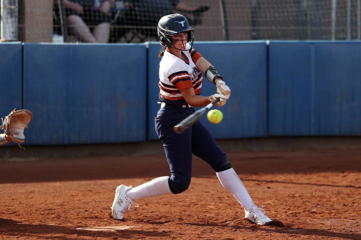 Legacy’s Madison Ruiz (9) hits the ball for a hit against Bishop Gorman during a softball gam ...