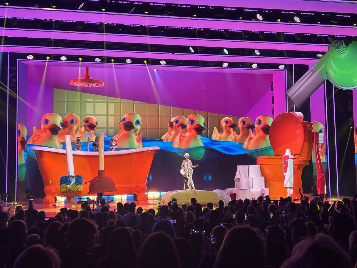 Katy Perry performs at Resorts World Las Vegas on March 16, 2022. (John Katsilometes/Las Vegas ...