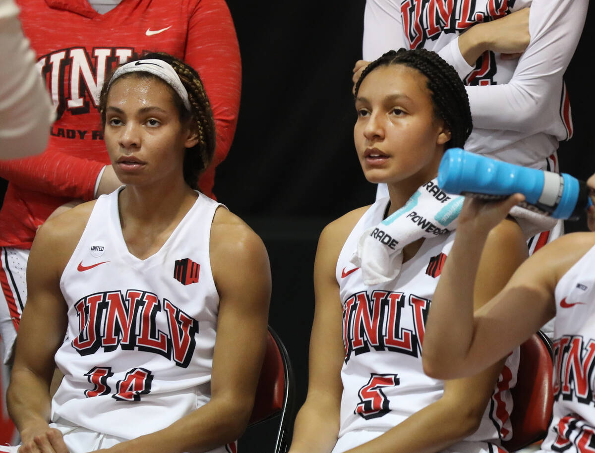 In this Jan. 7, 2021, file photo, UNLV Lady Rebels guard Bailey Thomas (14), left, and guard Ja ...