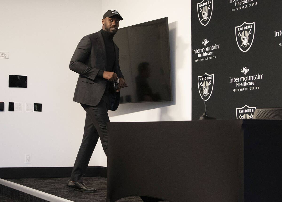 Raiders outside linebacker Chandler Jones is introduced during a news conference at the Raiders ...