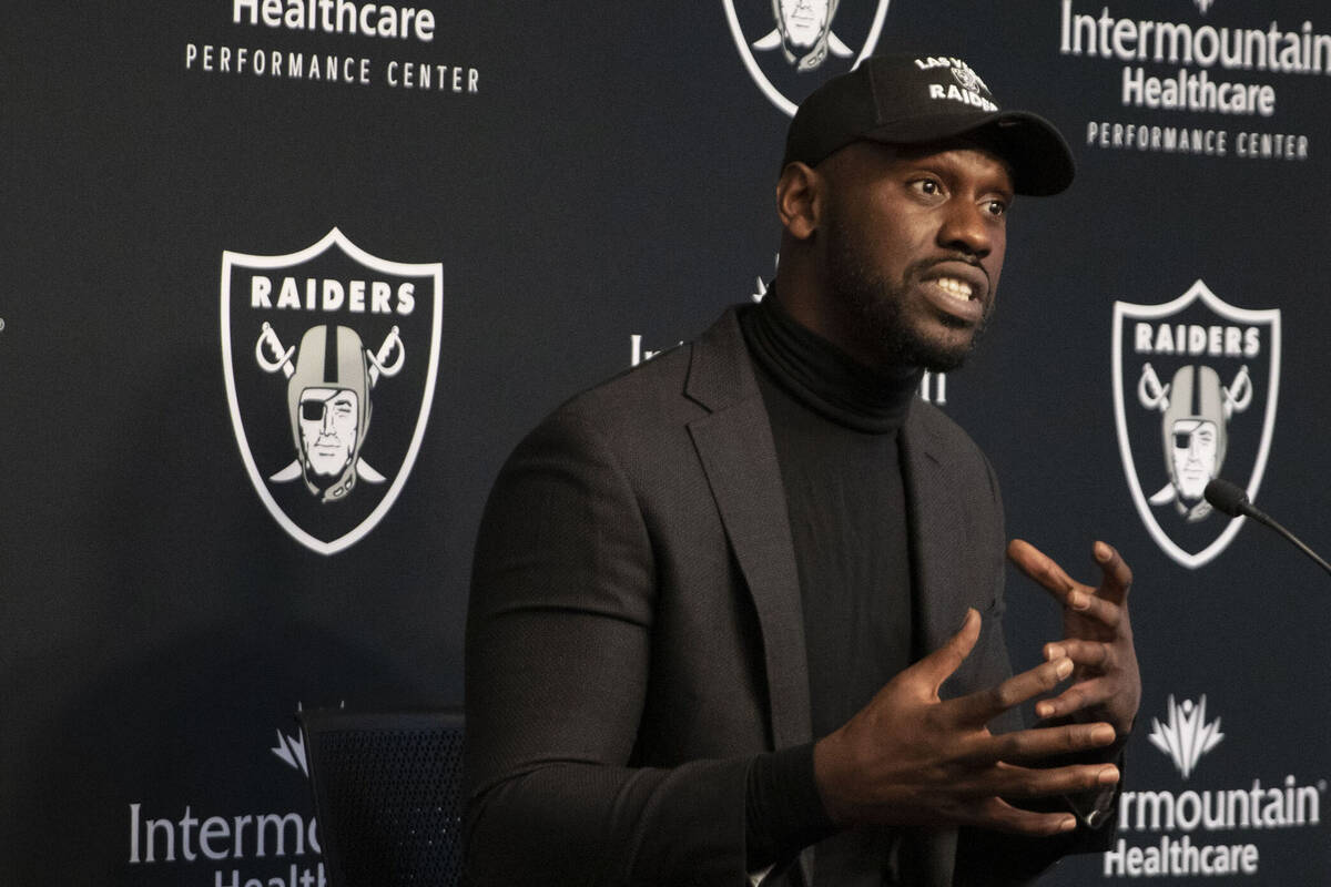 Raiders outside linebacker Chandler Jones answers media questions during a news conference at t ...