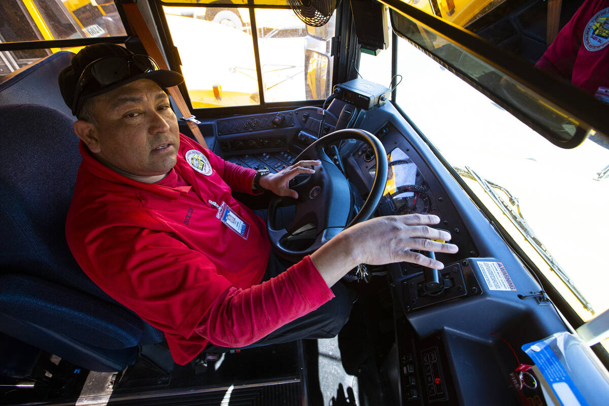 Roger Paramo, transportation instructor at the Clark County School District, demonstrates safet ...