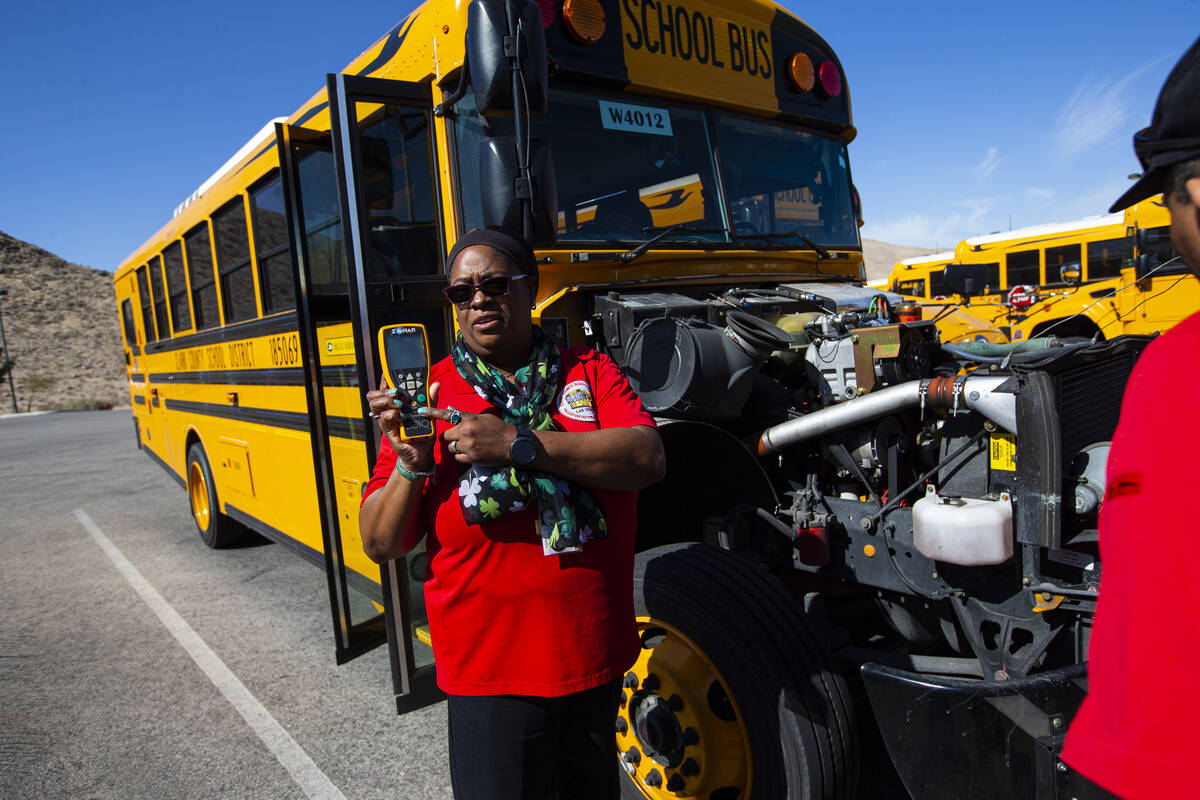 Danielle Mack-Hayward, transportation instructor at the Clark County School District, demonstra ...