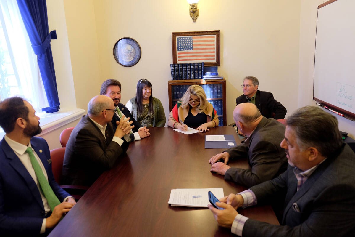 Las Vegas City Councilwoman Michele Fiore completes paperwork for her candidacy for state treas ...