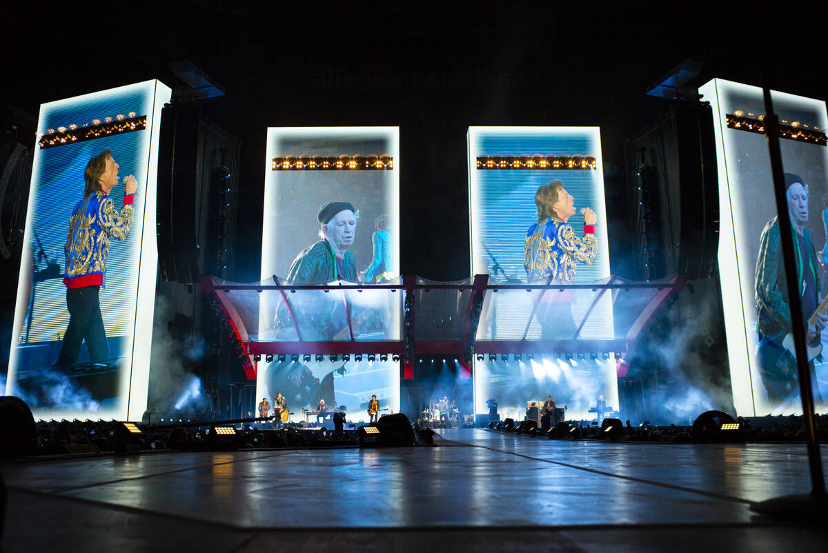 The Rolling Stones perform at Allegiant Stadium in Las Vegas on Saturday, Nov. 6, 2021. (Chase ...