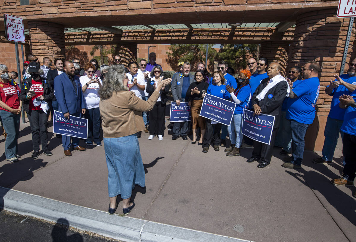 Rep. Dina Titus, D-Nev., speaks to supporters as she arrives to file for re-election at the Cla ...