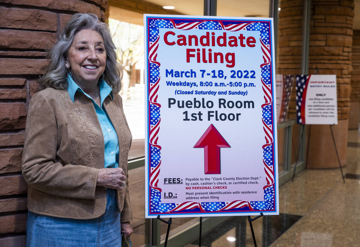 Rep. Dina Titus, D-Nev., with a poster as she prepares to file for re-election at the Clark Cou ...