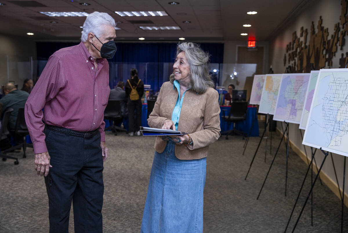 Rep. Dina Titus, D-Nev., right, chats with her husband Thomas C. Wright after filing for re-ele ...