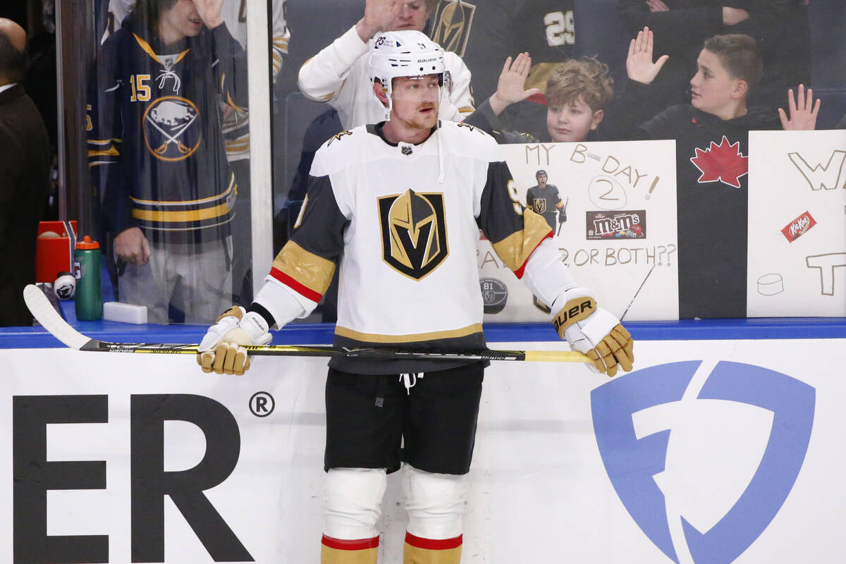 Vegas Golden Knights center Jack Eichel (9) looks on prior to an NHL hockey game against his fo ...