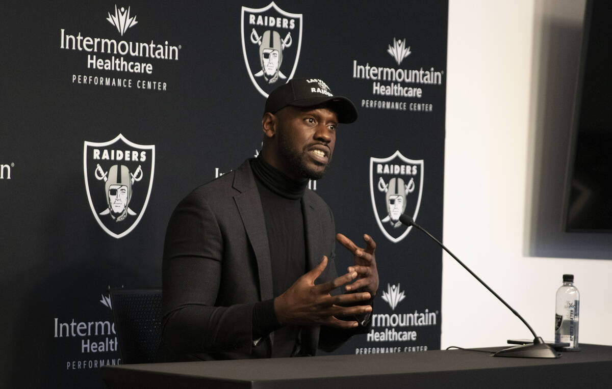 Raiders outside linebacker Chandler Jones answers media questions during a news conference at t ...